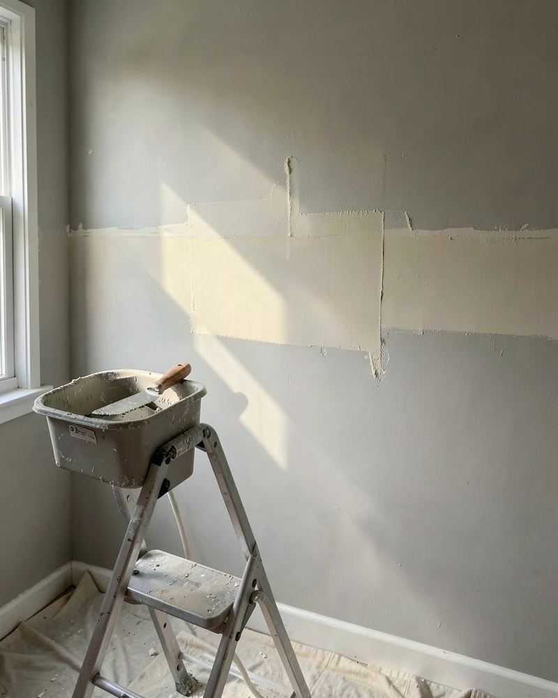 Drywall seam and patch filled with joint compound and sanded smooth before painting
