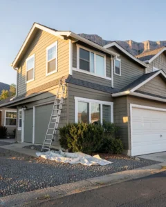 Freshly repainted two-storey home exterior with ladder and drop cloth in Grand Junction, Colorado