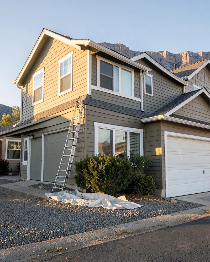 Freshly repainted two-storey home exterior with ladder and drop cloth in Grand Junction, Colorado