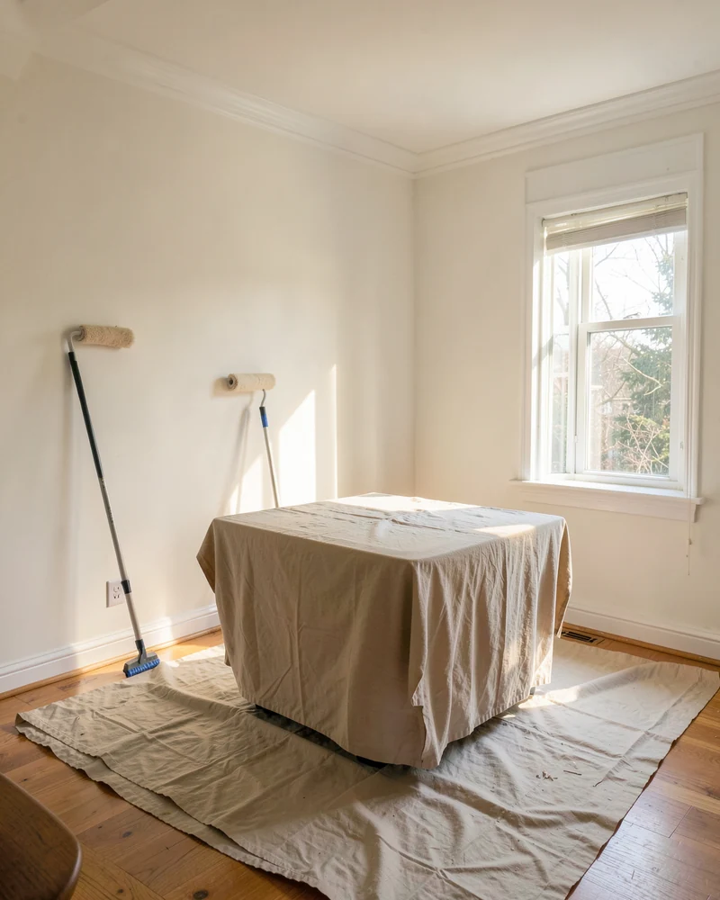 Freshly painted living room with roller and drop cloth during an interior painting job