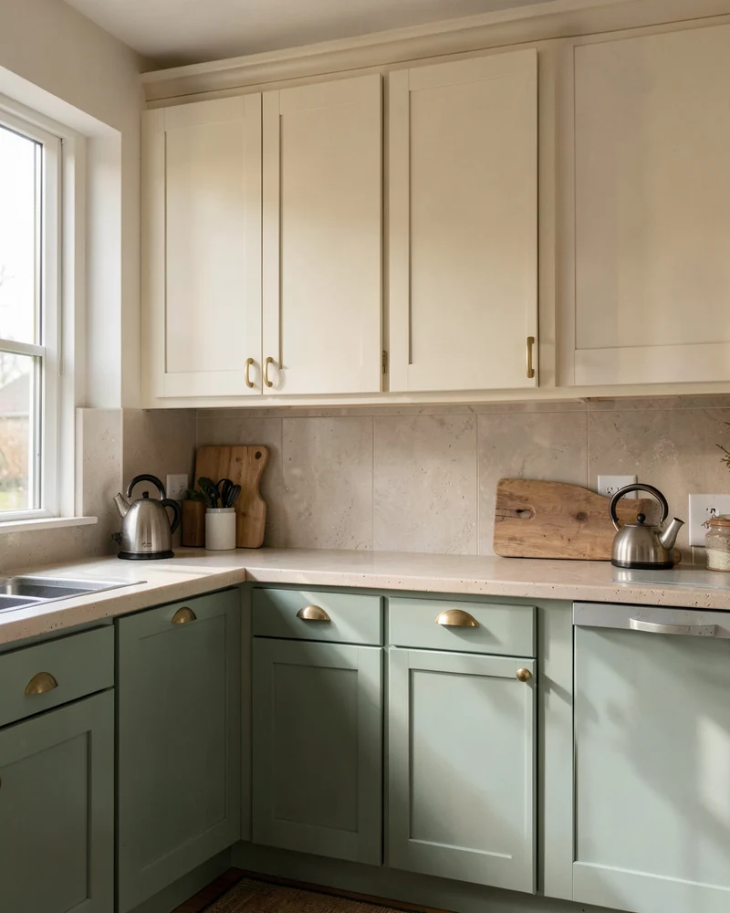 Kitchen with freshly refinished sage green and warm white shaker cabinets