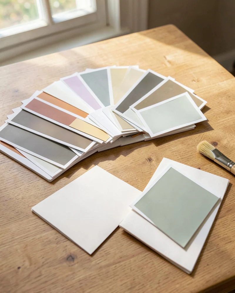 Paint colour fan deck and brushed-out sample cards laid out on a wooden table