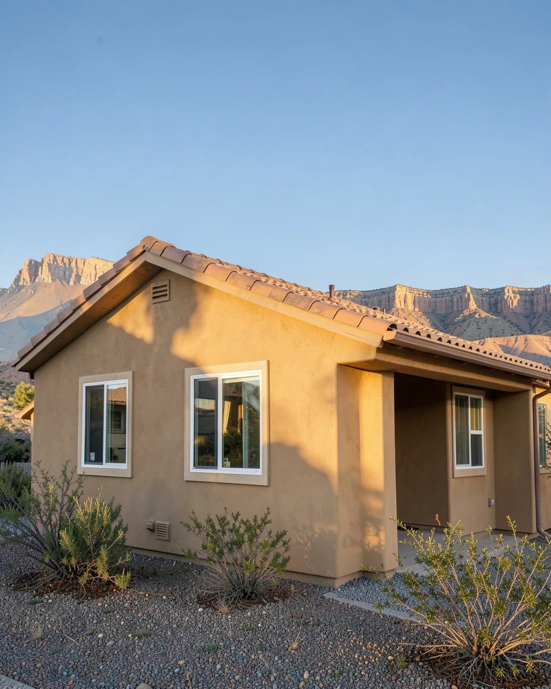 Southwestern home with a freshly finished sand-toned stucco exterior in Grand Junction, Colorado