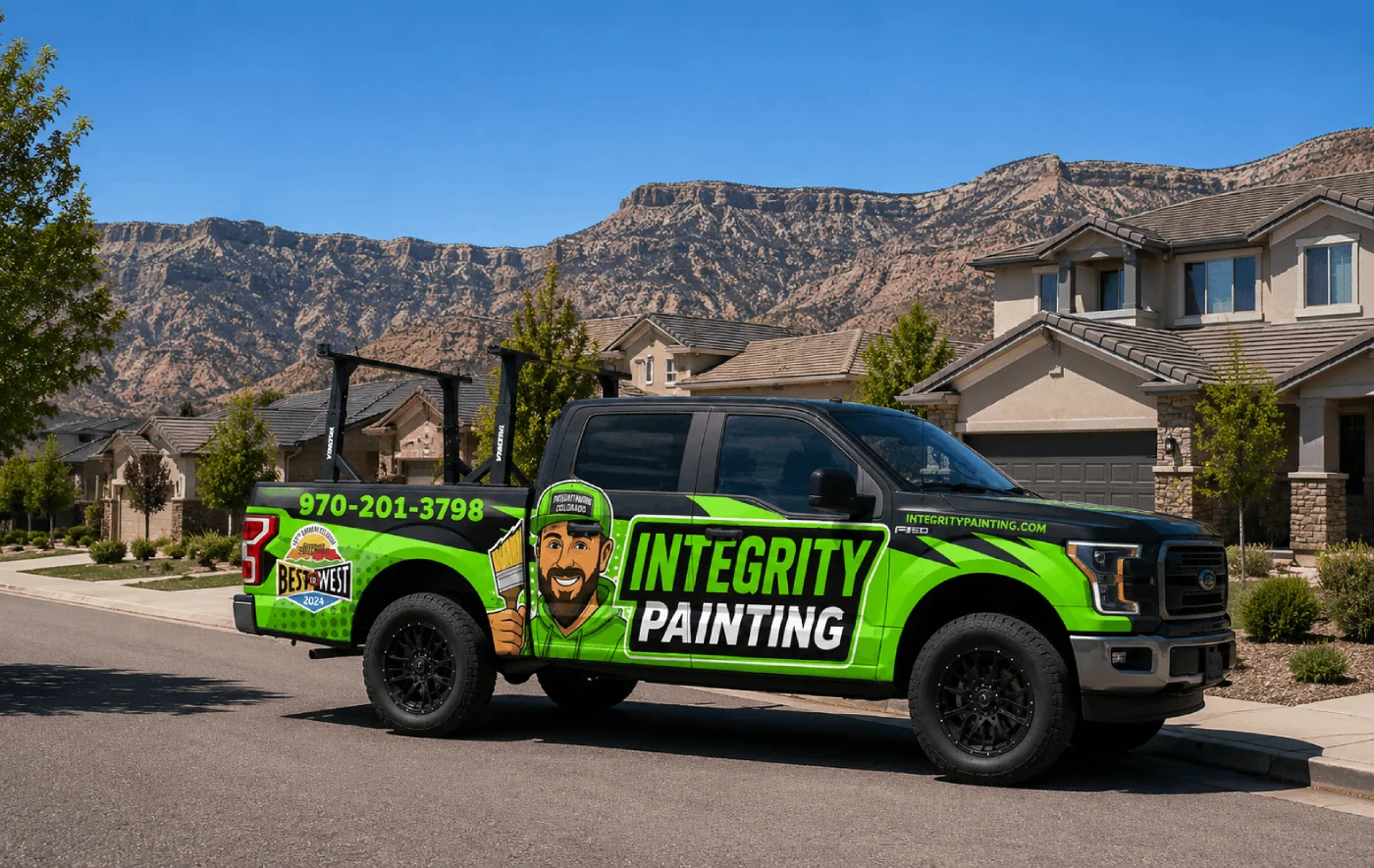 Integrity Painting wrapped truck parked outside a Grand Junction home with the Book Cliffs behind it