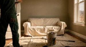 Painter cutting in a crisp line where the wall meets white trim during an interior painting job in Grand Junction CO