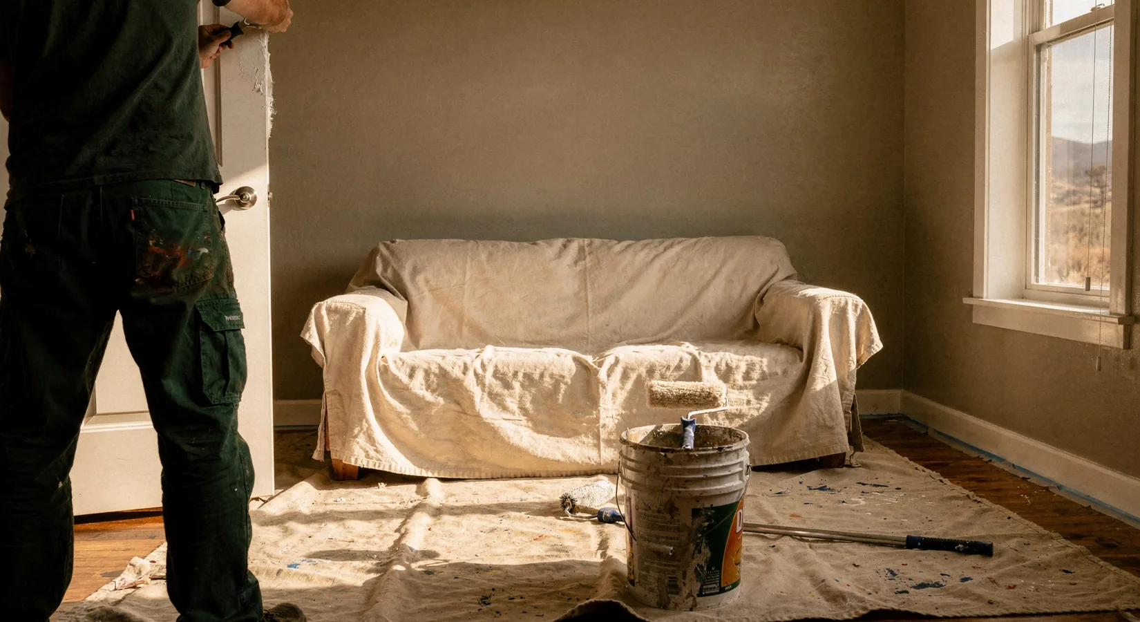 Painter cutting in a crisp line where the wall meets white trim during an interior painting job in Grand Junction CO